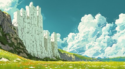 Wall Mural - Extraordinary tall brick wall that it disappears in the skies, in the middle of a meadow.