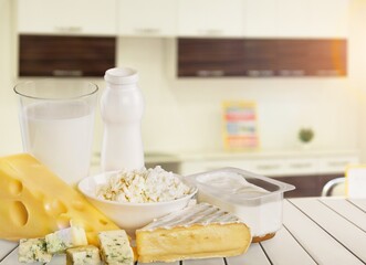 Canvas Print - A fresh tasty dairy products milk and cheese