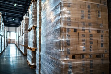 Stacks of pallets wrapped in plastic in a warehouse.