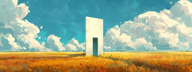 Wall Mural - Extraordinary tall brick wall that it disappears in the skies, in the middle of a meadow.