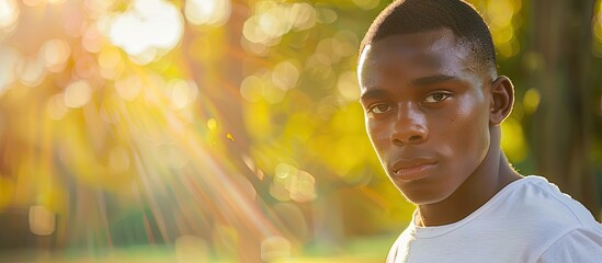 A young man of African descent is gazing at the camera in a sunny park setting with a vast copy space image