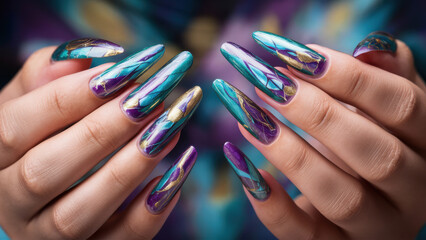 Sticker - A woman with purple and gold nails holding a pair of manicured hands, AI