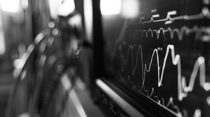 Wall Mural - computer screen displaying a detailed black and white stock market graph symbolizes the convergence 