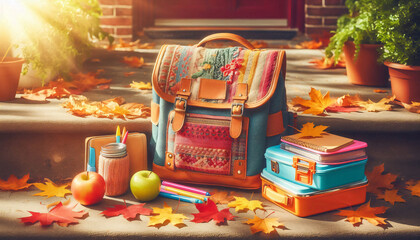 Wall Mural - colorful backpack at the autumn door full of books and school supplies. back to school concept