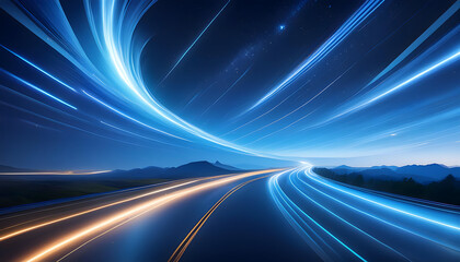 Wall Mural - Bright blue sky light trails curve dynamically against a dark background.