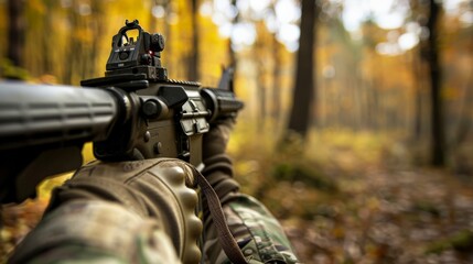 A soldier's hand gripping a camouflaged assault rifle in a forest