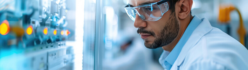 Focused male scientist examining equipment in laboratory, showcasing professionalism and dedication to research and innovation.