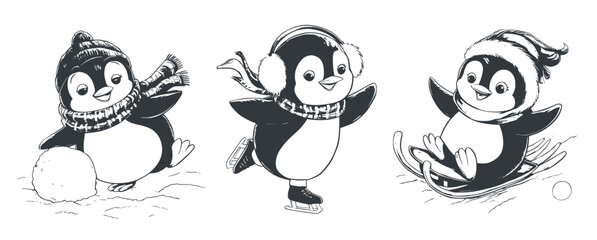 Penguins enjoying winter activities. Penguins creating slowballs. skating, sledding, black and white vector, Generative AI