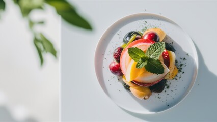 Sticker - A plate of a fruit salad with berries and mint on it, AI