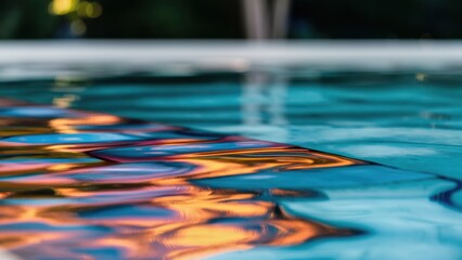 Poster - A close up of a blue pool with colorful reflections, AI