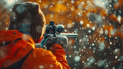a hunter in an orange jacket aims a rifle in a snowy forest.