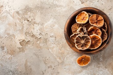 Wall Mural - Dried Bael fruit on beige background for healthy Thai tea