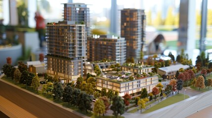 Wall Mural - generate a photo realistic image of a maquette depicting a mixed-use development with residential to