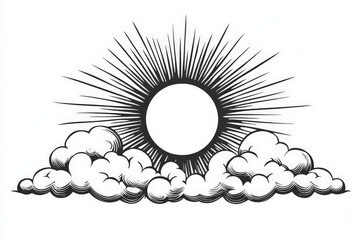 a sun and clouds - black and white illustration
