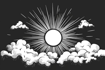 a sun and clouds - black and white illustration