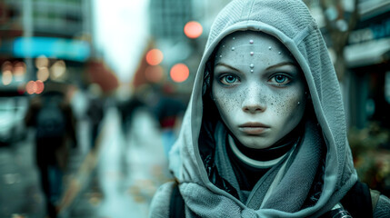 Alien girl in a hood on a city street surrounded by blurred lights and passersby