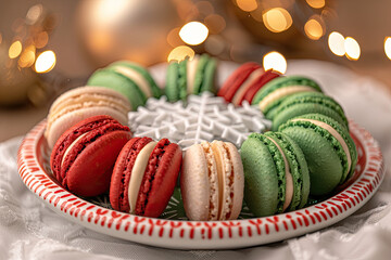 Wall Mural - A festive plate of colorful macarons in red, green, and natural shades, beautifully arranged for the holiday season.