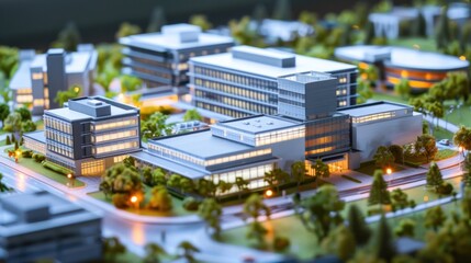 Wall Mural - generate a photo realistic image of a maquette representing a healthcare campus with hospitals, medi