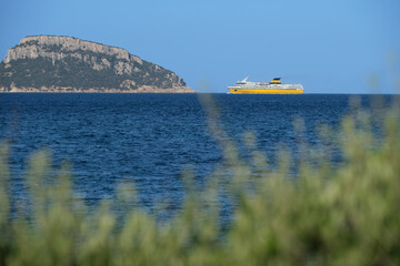 Wall Mural - View of a yellow ferryboat Corsica Sardinia Ferries. Large ferry Corsica Ferries approaching the port of sardinia. Sardinia Ferries movement at sea.