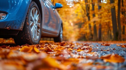 Canvas Print - a blue car parked on a road in the fall leaves with trees in the background