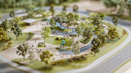 Wall Mural - Generate a photo realistic image of a maquette depicting a city park with green spaces, playgrounds, and recreational facilities; ensure the image is of high resolution for clear and detailed quality