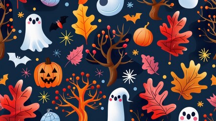 Wall Mural - Abstract cute Halloween background with spooky elements and colorful designs, vector illustration, high-resolution, whimsical and festive concept 