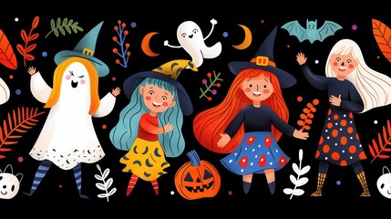 Abstract cute Halloween background with whimsical witches and colorful patterns, vector illustration, high-resolution, fun and festive concept 