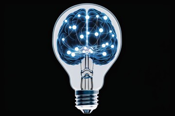 Wall Mural - Blue Brain Light Bulb with LED Lights Creative Tech Art Modern Illustration Intelligence and Innovation Futuristic Design