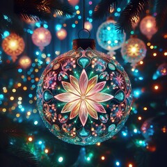 Wall Mural - Glowing luminescent christmas glass hanging round decorative colorful christmas light