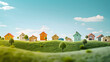 © javu - Colorful miniature houses on a green hill under a clear blue sky..