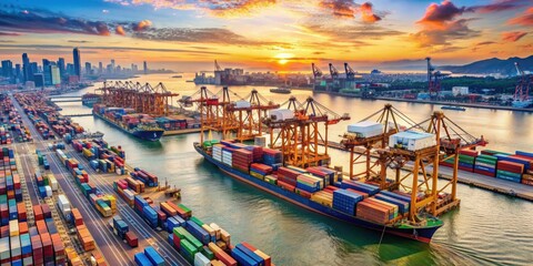 Busy commercial port with ships and containers lining the docks, Pensacola, Florida, waterfront, marina, cargo