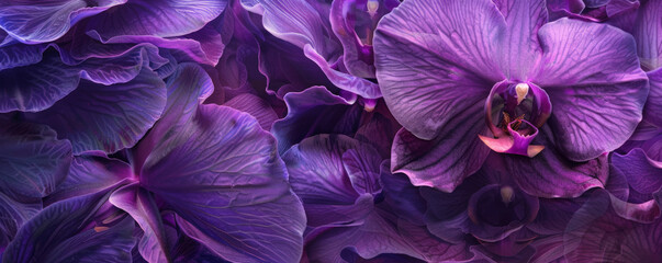 Close-up of purple orchid petals, intricately patterned on a floral backdrop, emphasizing their exotic beauty and vibrant color.