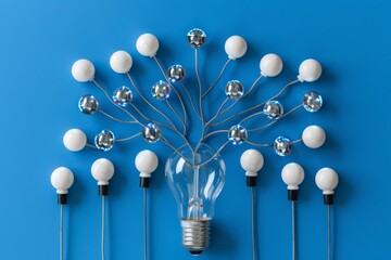 Canvas Print - Tree of Light Bulbs Creative Concept Art Blue Background Modern Illustration Unique Design