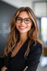 Wall Mural - A portrait of a young, happy businesswoman with a bright smile and confident demeanor, perfect for corporate materials, career profiles, and business-related promotions.	