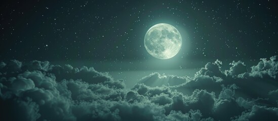 Wall Mural - view the full moon shining amidst the clouds in the sky for a captivating copy space image