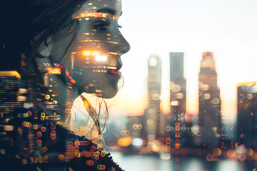 Canvas Print - Close up, female business concept, represented by a double exposure of building skyscrapers, finance, or trader at work