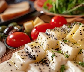 Close-up of a hand picking seasoned cheese cubes with a fork, with cherry tomatoes and fresh greens in the background. Ideal for culinary blogs.