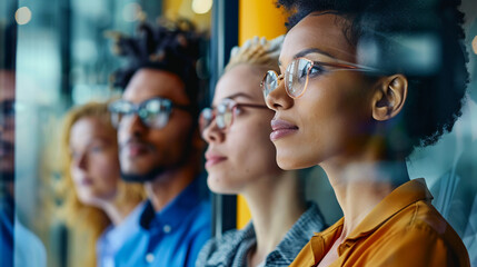 diverse professionals with technology graphics