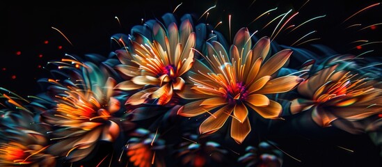 Canvas Print - Vibrant multi colored fireworks illuminate the dark sky in a competition in Montreal creating flower like bursts with selective focus for a captivating copy space image