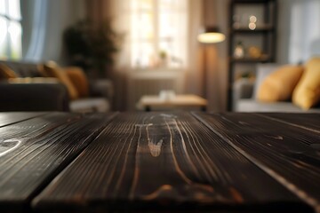 Poster - Close-up dark wooden table, living room blur, brown grain texture, product display montage, focus right, bokeh, real photo.