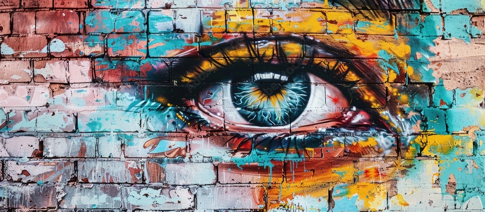 Beautiful street art graffiti background on a brick wall with abstract ...