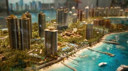 Wall Mural - generate a photo realistic image of a maquette representing a tourist destination with resorts, attr
