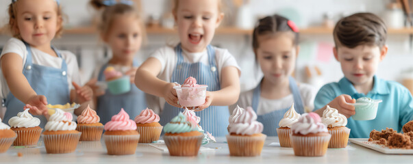 Preschoolers joyfully decorating cupcakes with colorful frosting, kids baking, cheerful kitchen activity