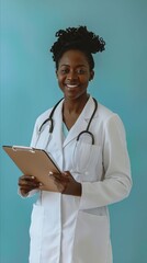 Poster - A woman in a white lab coat holding a clipboard and smiling