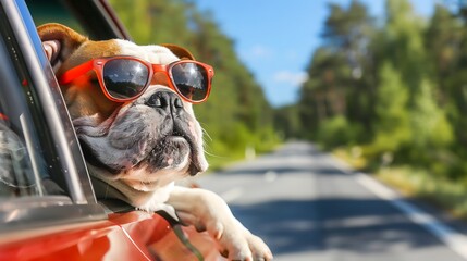 Canvas Print - Adorable bulldog on a warm road gazing out of an automobile window while wearing sunglasses