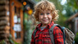 © Crystal - Smiling curly-haired boy with backpack standing outdoors near wooden cabin. Concept of childhood adventure, rural lifestyle, and outdoor education.