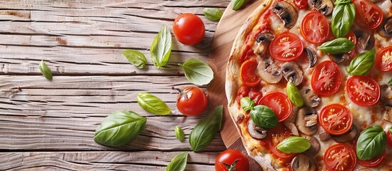 Wall Mural - Flat lay of a mouth watering pizza with tomatoes mushrooms and basil on a wooden surface with room for text in the image. Copy space image. Place for adding text and design