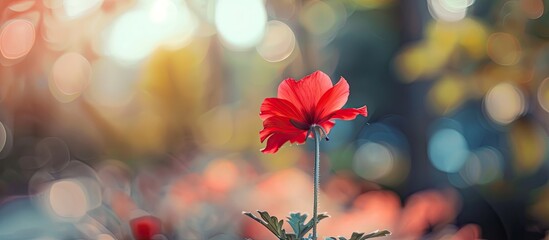 Sticker - A vivid red flower in a garden on a sunny street captured in close up with selective focus and ample copy space in this high quality photo showcasing the essence of spring