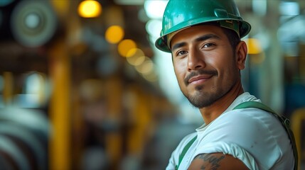 Canvas Print - A man wearing a green hard hat and overalls in a factory