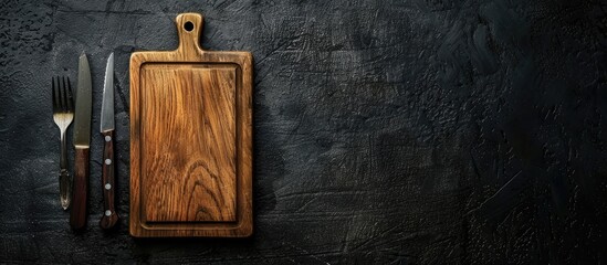 Poster - Empty wooden cutting board on a dark textured concrete surface with cutlery creating a scenic setting with a copy space image